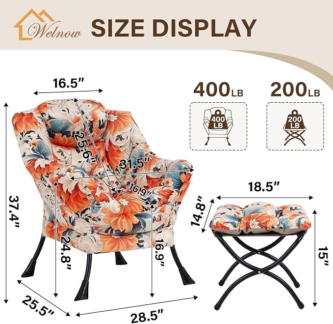 Welnow Lazy Chair with Ottoman, Reading Chair with Footrest, Foldable Footrest - Image 3