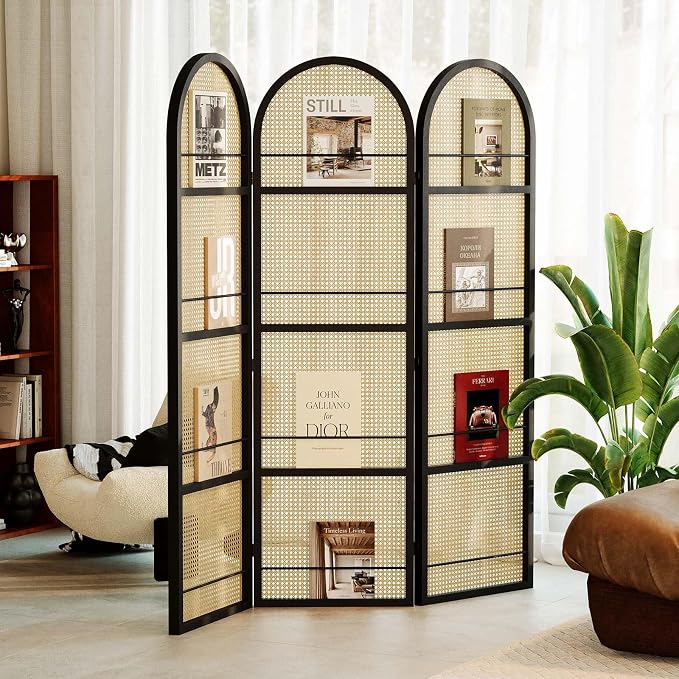 Rattan Room Divider with Built-in Bookshelf | Foldable Privacy Screen & - Image 6