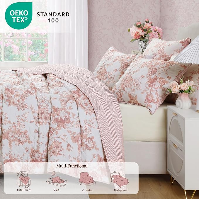 King Quilt Set-3 Pieces Soft Bedding Floral Reversible Coverlet | All Seasons - Image 4