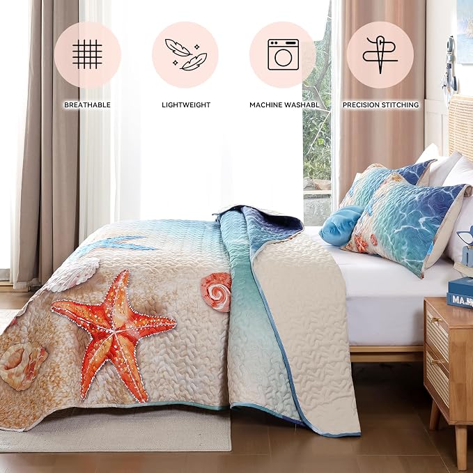 weigelia Coastal Quilt King Size, Beach Lightweight Summer Bedding | Starfish - Image 4