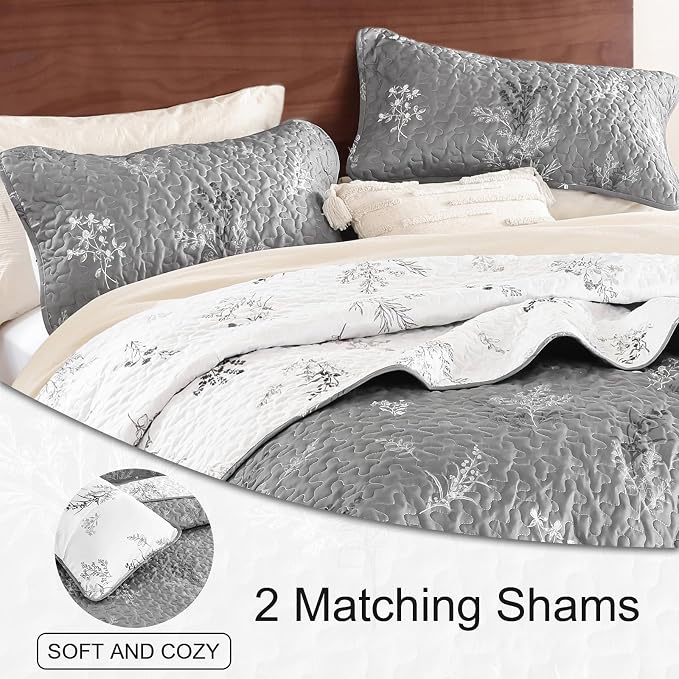 DJY King Size Grey Botanical Quilt Set, Floral Bedspread Coverlet | Lightweight - Image 8