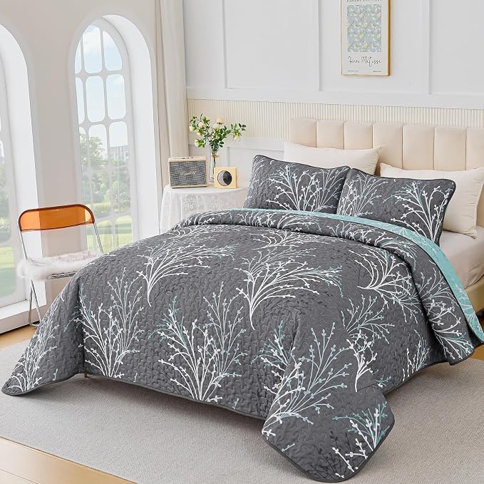 DJY King Size Quilt Set Grey Blue Reversible Bedspread Coverlet Set | 3 Piece - Image 2