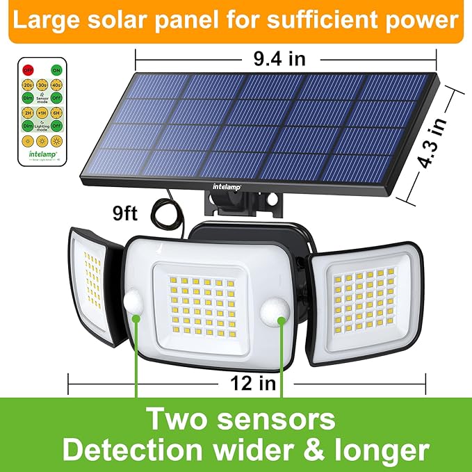 intelamp Solar Flood Lights Outdoor Waterproof, 2 Pack 6000mAh 1200LM Solar Powered Dual Motion Sensor LED Lighting Dusk to Dawn Security Floodlight Exterior with Remote 9.8ft Cable for Garden House