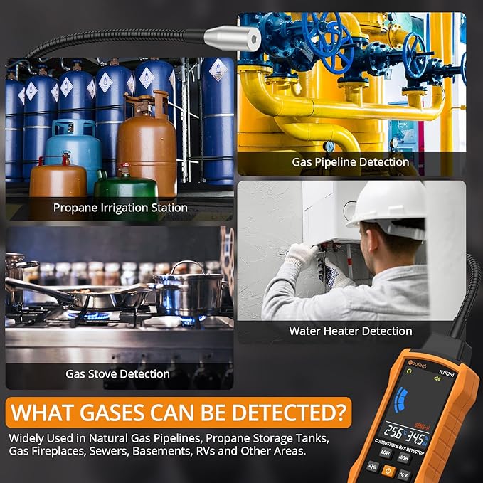 Neoteck Natural Gas Detector Gas Leak Detector with 12” Gooseneck Combustible Gas Detector with Audible & Visual Alarm Test Methane Propane Gasoline Natural Gas for Gas Pipeline Gas Stove and RV