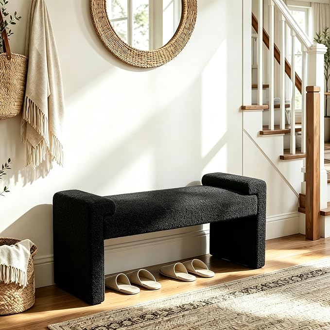 Upholstered Entryway Bench, Curved Armrests, Solid Wood Frame, End of Bed - Image 3