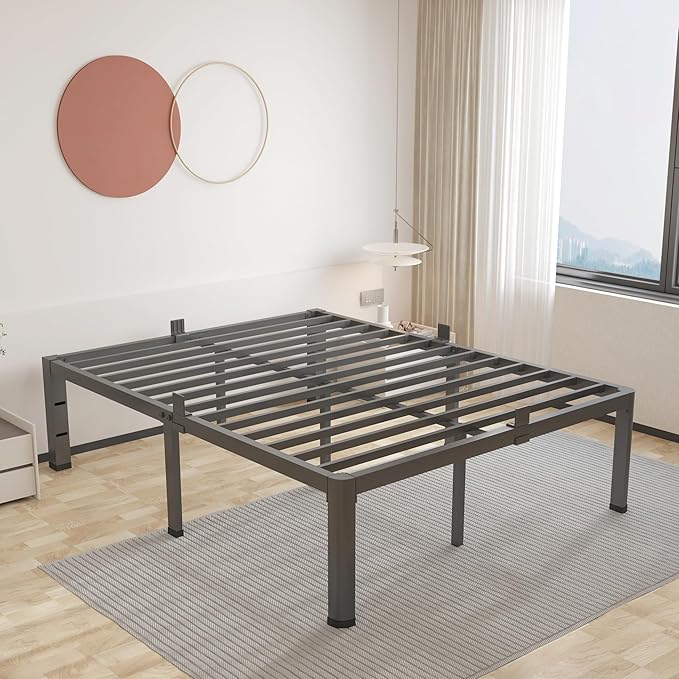 ROIL 16 Inch King Bed Frame with Rounded Corner and Headboard Hole Mattress Retainers 3500LBS Metal Heavy Duty Steel Slats No Box Spring Needed Platform Noise-Free Easy Assembly