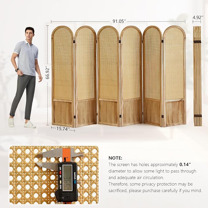 Rattan Room Divider, 6 Panel Folding Room Screen Divider, Natural | Woven - Image 3