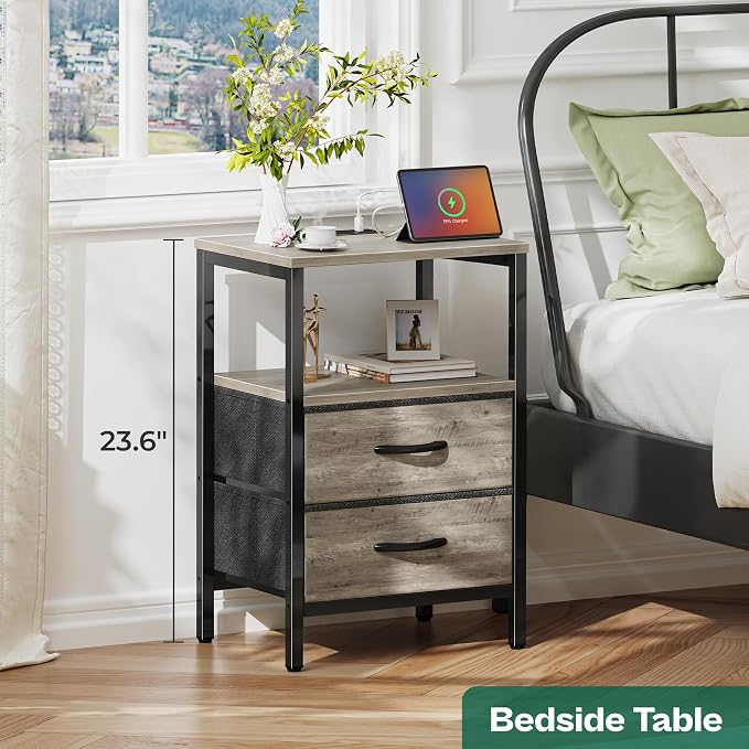 Huuger Nightstand with Charging Station, Side Table with Fabric Drawers | End - Image 2