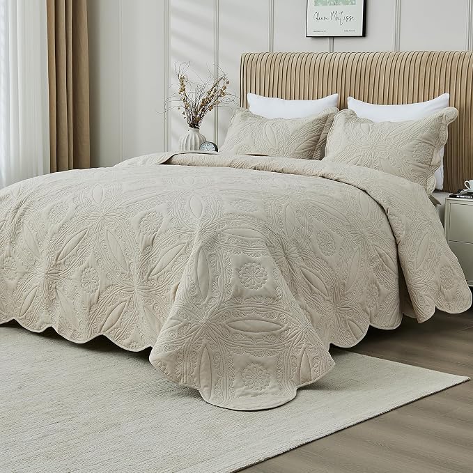 Kingnex Oversized King Bedspreads 128x120 Ultrasonic Quilted Beige | Extra Wide by Kingnex