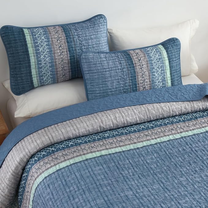 Cottolester Blue Quilt Set California King, Boho Striped Quilted Bedding Set | - Image 3