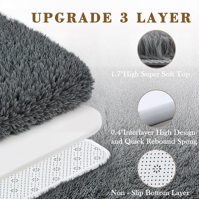 Small Shag Area Rug for Bedroom, 2x3 Dark Grey Soft Plush Carpet | Non-Slip - Image 4