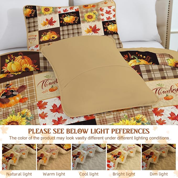 Fall Patchwork Quilt Set Queen, 3 Pieces Thanksgiving Bedding Set Brown | - Image 7