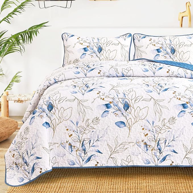Anibedding Twin Quilt Set, 2 Pieces Blue Botanical Bedspread Bedding Set | Soft - Image 6