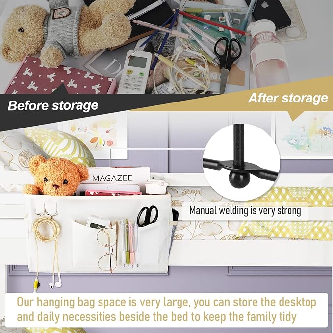 Bedside Caddy Organizer Hanging Storage Bag Bunk Bed White | Bed Caddy - Image 5