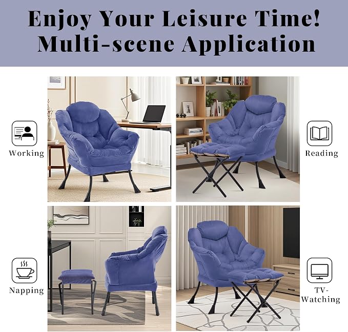Lazy Chair with Ottoman, Comfy Reading Chair, Dark Blue | Cushioned Seat with - Image 7