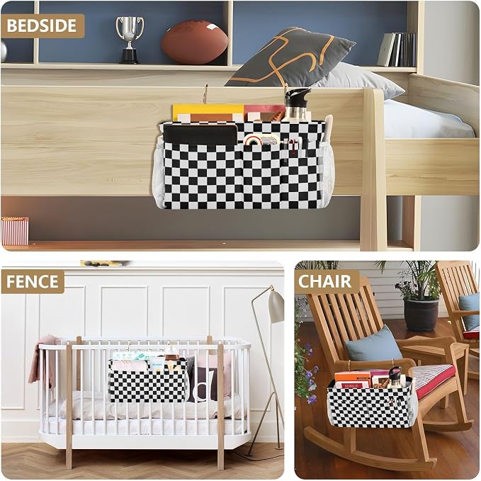 Black White Checkerboard Print Bedside Caddy Storage Bag Bedside Organizer - Image 7