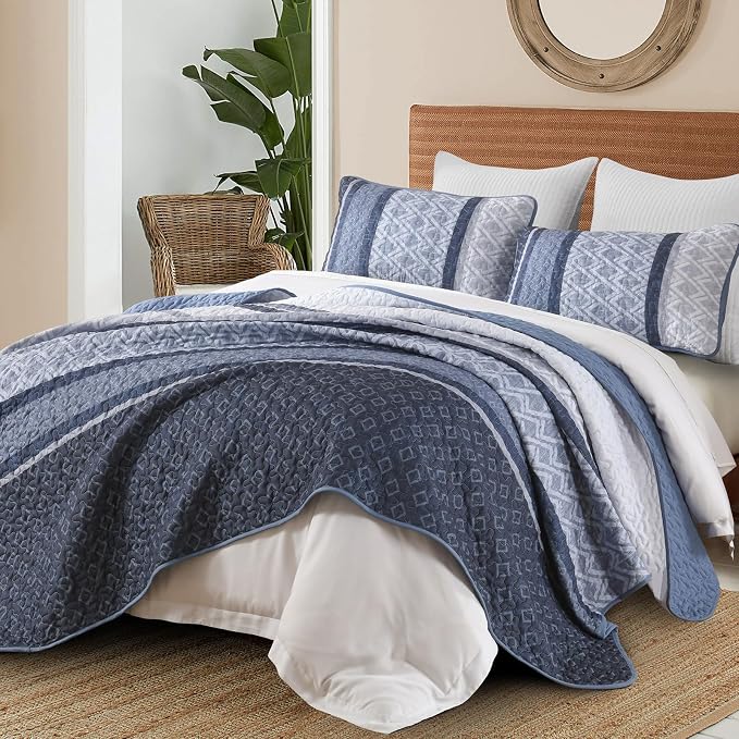 Dinjoy Boho Queen Quilt Set, Striped Bedspread Queen Size, Mineral Blue | 3 - Image 5