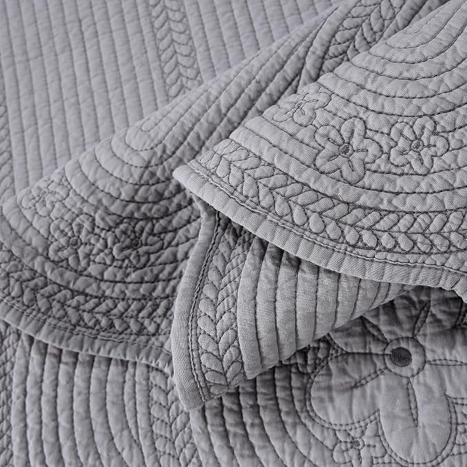 ROOMLIFE Quilt Set Queen Size 3D Floral Embroidery Pattern 3-Piece Cotton - Image 9