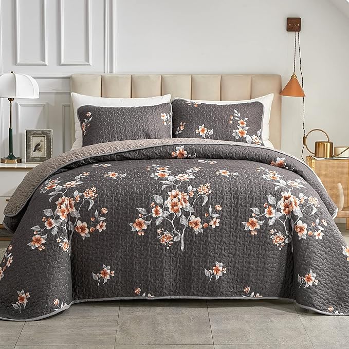 Flysheep 2 Pieces Quilt Set Twin Size, Dark Gray Floral Reversible Bedspread by Flysheep