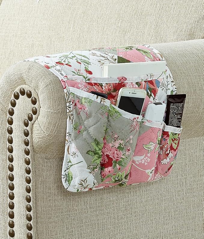 Brilliant Sunshine Peach Olive Patchwork Couch Armrest Cover, Armrest Organizer - Image 3