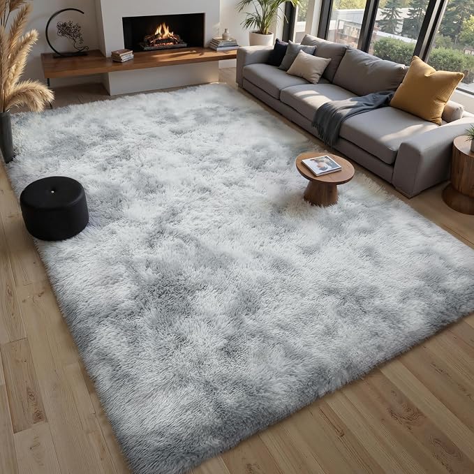 Grey Fluffy 8x10 Area Rug, Tie-Dye Light Gray Soft Washable Shag Carpet | Cute - Image 7