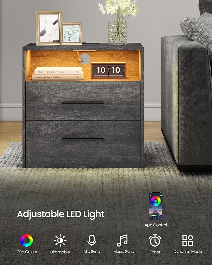 VASAGLE 23.6‑Inch Wide Nightstands, LED Lights, 2 Drawers | Modern Side End - Image 5