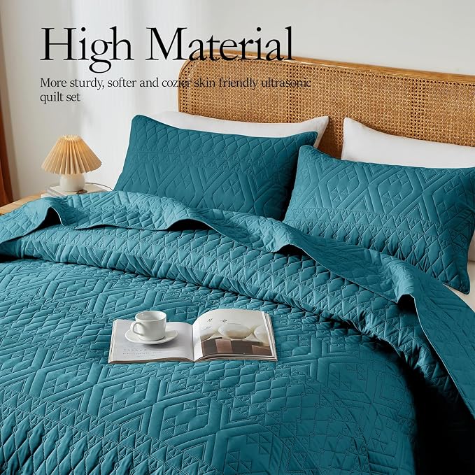 akkialla King/Cal King Quilt Set, Teal Lightweight Microfiber Bedspread Coverlet - Image 4