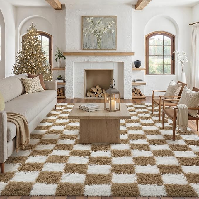 Brown Area Rug 6x9 for Living Room Soft Checkered Shag Carpet | Machine Washable - Image 5