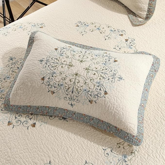 ROOMLIFE Quilt Set King Size 3D Floral Embroidery Pattern 3-Piece Cotton | - Image 6