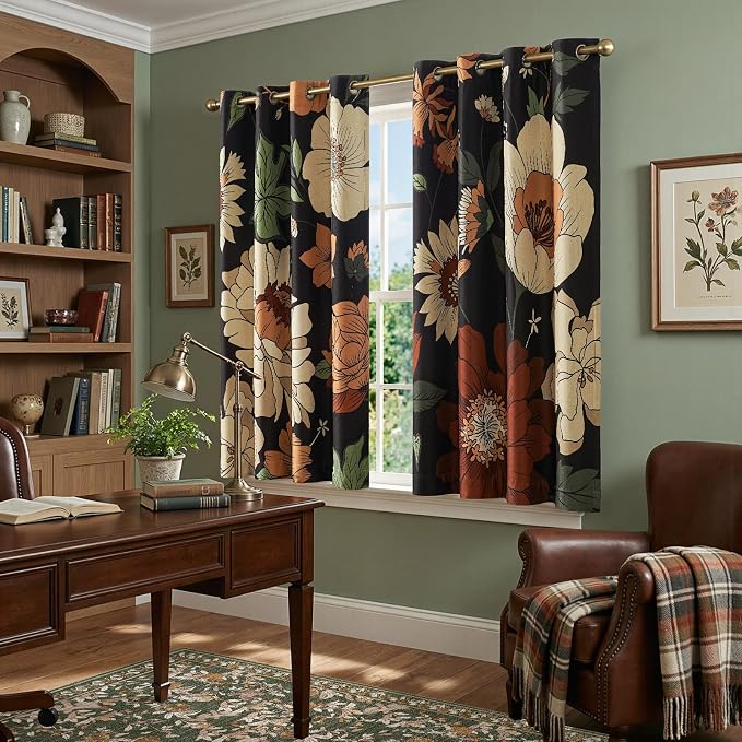 jinchan Black Boho Floral Blackout Curtains 63 Inch Grommet 2 Panels | Room - Image 3