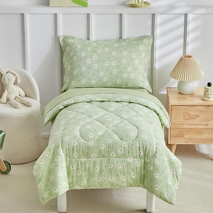 DuShow Green Floral Toddler Bedding Set,4 Pieces Toddler Crib Bed Sheet Set for Girls and Boys,Soft Toddler Comforter Set Includes Comforter,Flat Sheet,Fitted Sheet,Pillowcase