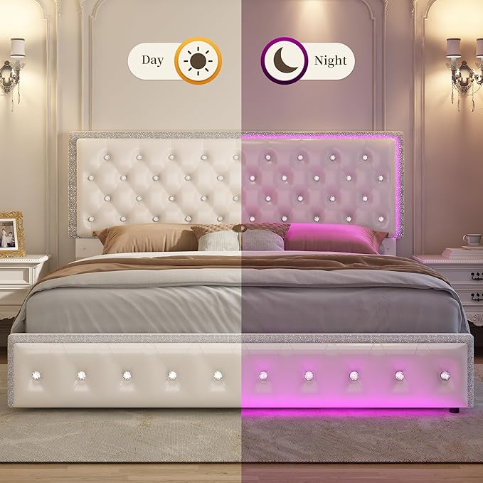 Queen Led Bed Frame with 2 Drawers, Modern Storage Platform Queen Size Upholstered Bed with Crystal Button Tufted Headboard, Solid Slats Support, Noise Free, No Box Spring Needed, PU White