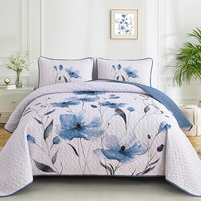 Mybedsoul King Size Quilt Set Blue, Reversible Polyester Coverlet Set by Mybedsoul