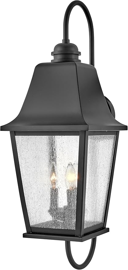 Hinkley Kingston Large Wall Mount Lantern - Oversized Sweeping Roof & Arms, Aluminum, Clear Seedy Glass - Black Finish