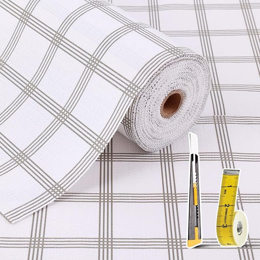 Drawer and Shelf Liner for Kitchen Cabinet: 23.6 in X 30 Ft Non Slip Waterproof Shelf Paper Non Adhesive Refrigerator Liners White Square Easy Liners for Bathroom Cupboard with Knife Tape Measure