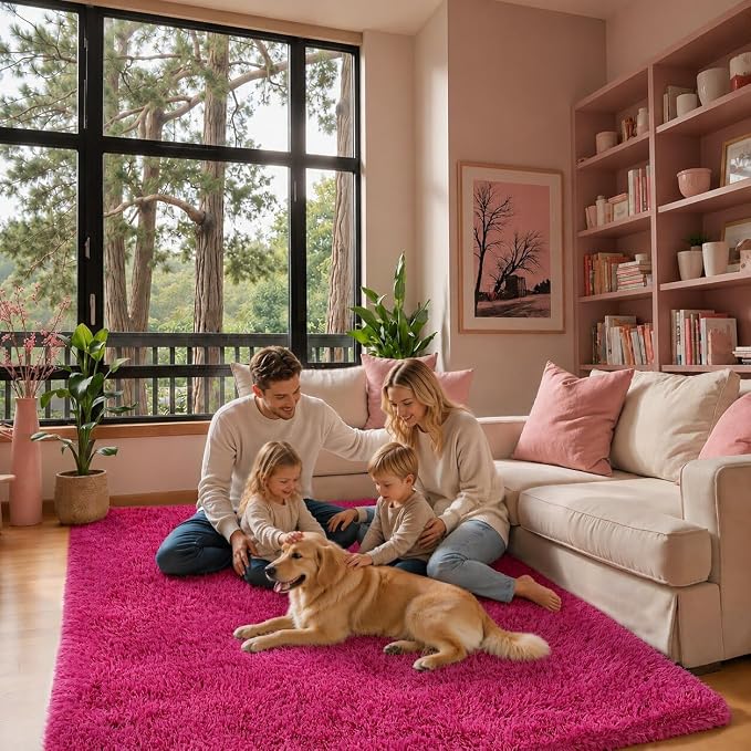 4x6 Area Rugs for Bedroom, Hot Pink Soft Fluffy Shag Bedside Rugs | Non-Slip by Junhejiamei