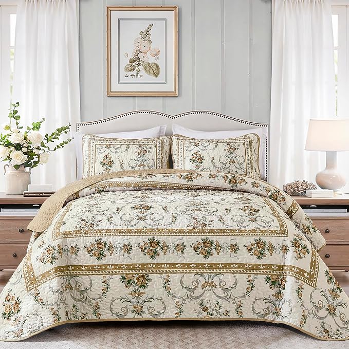 Anibedding Floral Quilt Set Queen, Retro Brown Flower Quilts 3PCs Bedspread | by Anibedding