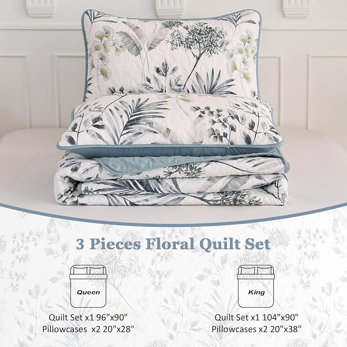 Anibedding Floral Queen Quilt Set, 3 Pieces Botanical Parrten Bedspread | Soft - Image 7