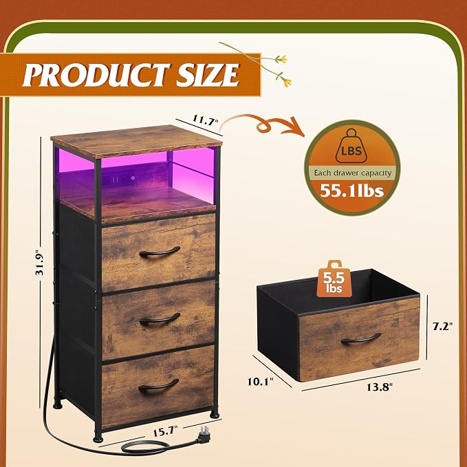 WLIVE Nightstand with Charging Station, 31.9" H Nightstand with 3 Fabric Drawers - Image 3
