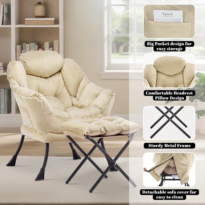Lazy Chair with Ottoman, Comfy Reading Chair, Khaki | Cushioned Seat with - Image 5