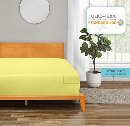 ROYALE LINENS 300 Thread Count 100% Long Staple Combed Cotton Fitted Sheet Twin - Super Soft Deep Pocket Bottom Sheet - Fitted Sheets Only - Elastic Sheets (Twin, Yellow)