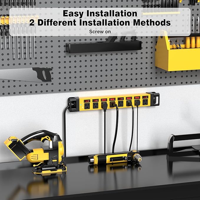 Power Strip with Individual Switches - 8 Outlet Heavy Duty Power Strip with Cord Manager,1200J Surge Protector Home Office Garage Industrial Workbench