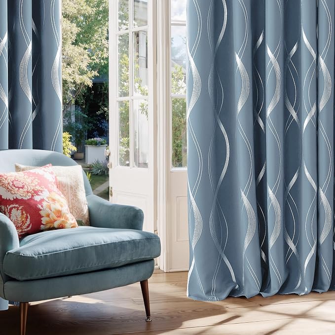 NICETOWN Dusty Blue Patterned Room Darkening Curtains 72" Long - Image 2
