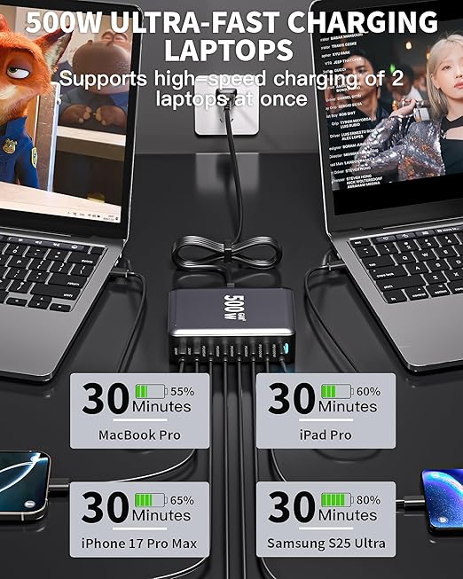 500W USB C Charger Block, GaN3 Charging Station 8-Port Fast USB Charger Block Dual 100W PD USBC Fast Charging Station Desktop Hub Compatible with iPhone 17 16 15 14/Pro Max/MacBook Pro/Air/iPad(Black)