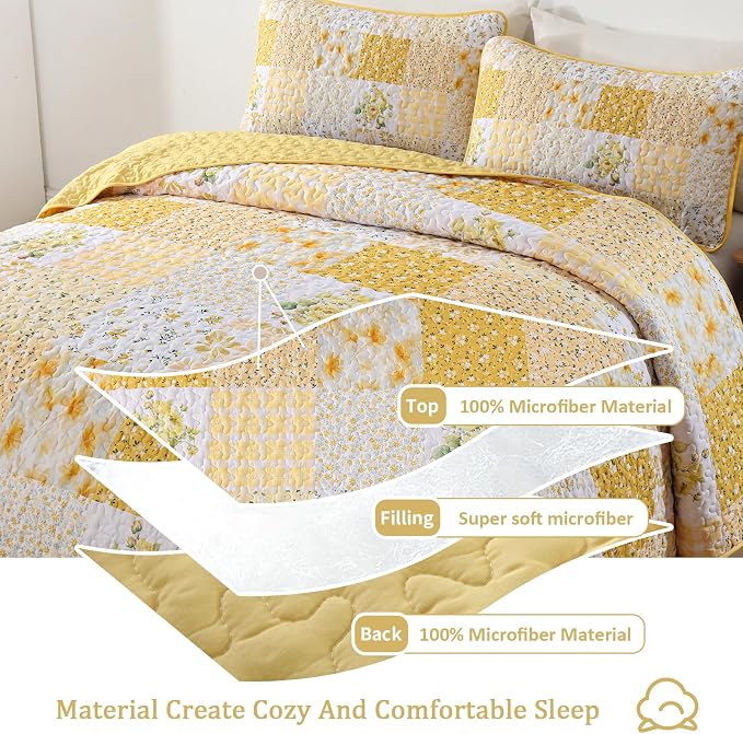 Mybedsoul Patchwork Quilt King Size, Soft Yellow Boho Floral King Bedspreads - Image 3