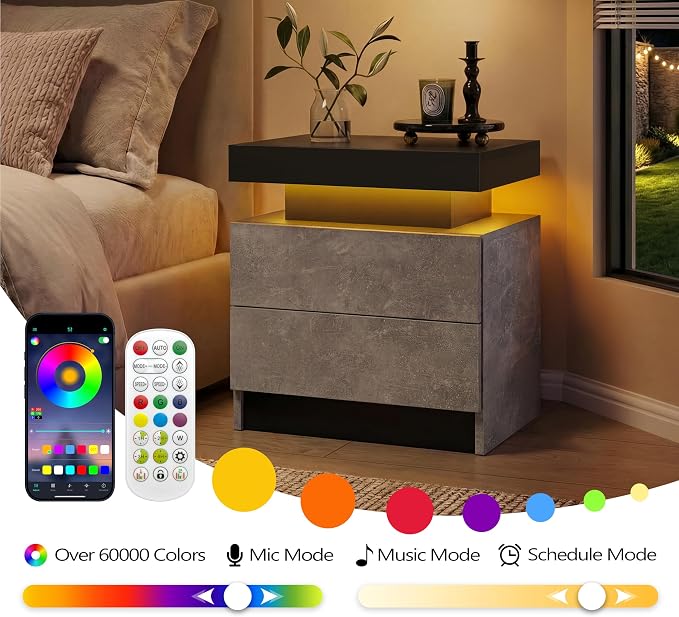 LED Nightstand with Wood 2 Drawers Modern Bedside Table - Image 6