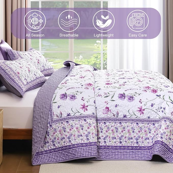 WONGS BEDDING Floral Quilt Set King, Cute Purple Flower Bedspread Coverlet | - Image 5