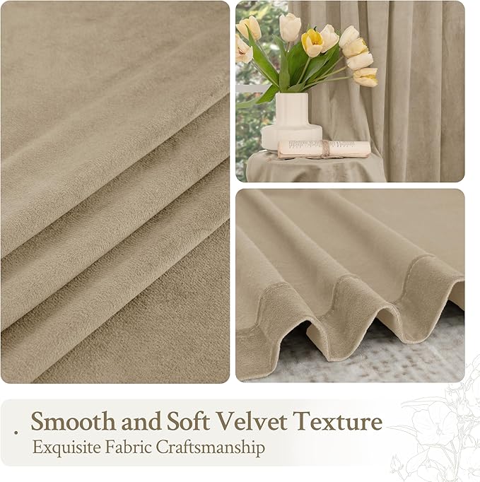 LAMIT Taupe Velvet Curtains for Living Room, 102 Inch Room Darkening Panels Thermal Insulated Back Tab and Rod Pocket Drapes for Bedroom/Sliding Glass Door, 2 Panels, 52 x 102 Inch