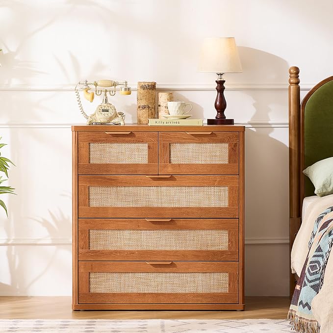 LEYAOYAO Rattan Dresser for Bedroom, 33.5" Small Chest of Drawers | Gold Metal - Image 6