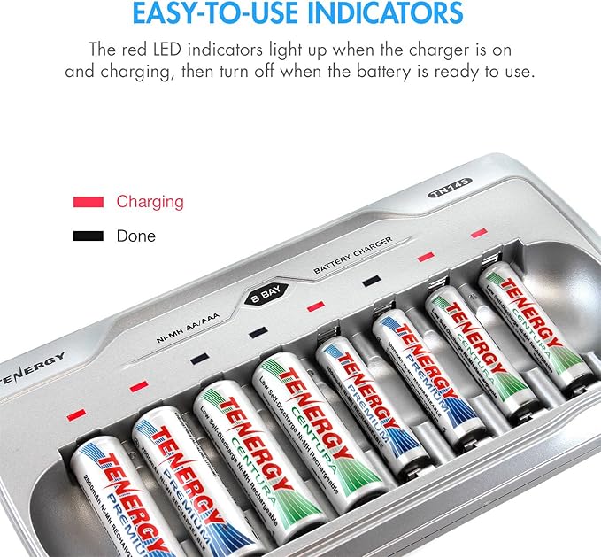 Tenergy TN145 8 Bay Charger and 8 Pack Rechargeable AAA Batteries, Independent Charging, UL & CE Certified